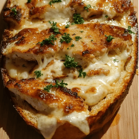Una rebanada de pan de ajo con pollo Alfredo encima.
