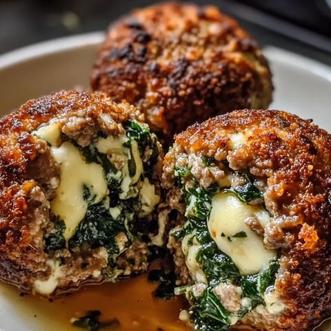 Three meatballs with spinach and garlic.