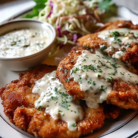 Un plato de bistec empanizado con salsa casera.