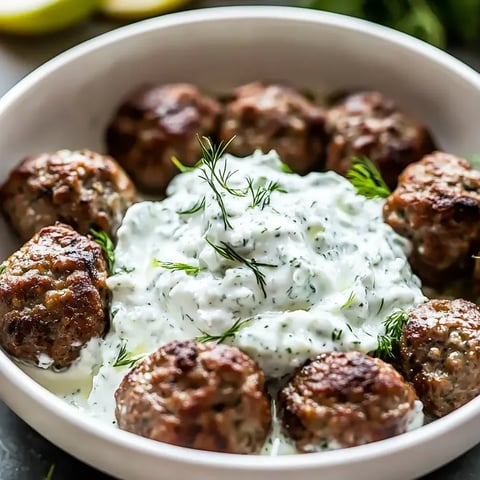Un tazón de albóndigas con salsa blanca por encima.
