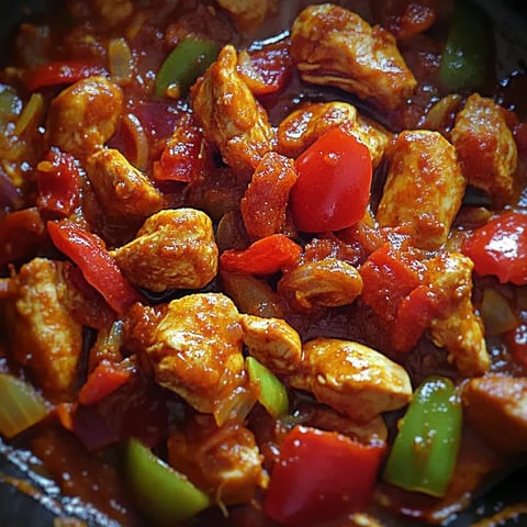Un plato de pollo y pimientos en una sartén.