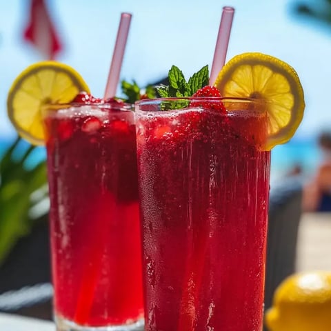 Dos vasos de limonada de fresa con rodajas de limón.