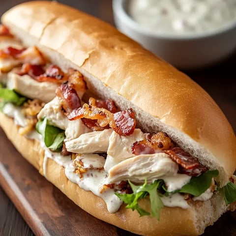 Un sándwich con tocino y pollo.