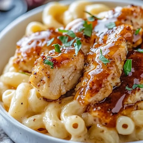 Un plato de Pollo Miel Pimienta con Pasta.