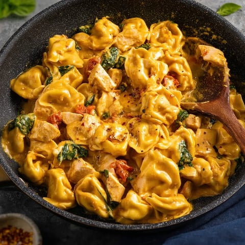 Un delicioso plato de tortellini con pollo.