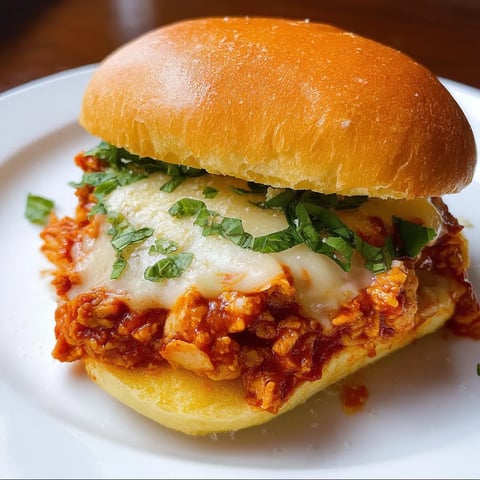 Un sándwich de pollo parmesano tipo sloppy joe sobre un plato blanco.