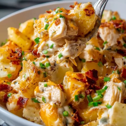 Un plato de pollo con papas ranchero cargadas.