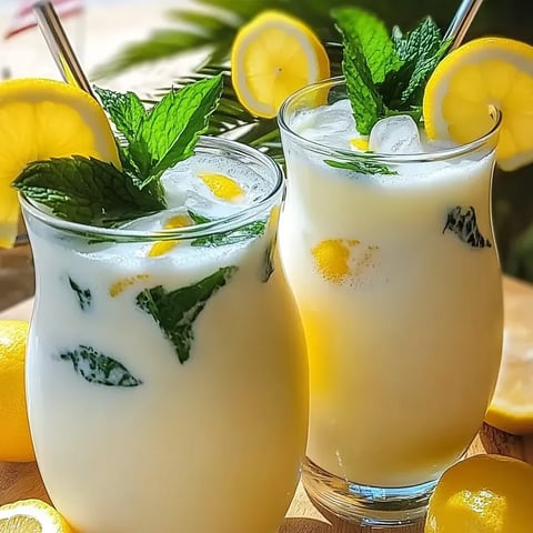Dos vasos de limonada con leche condensada y tiras de limón.