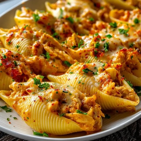 Un plato de conchas de pollo Cajun cremosas.