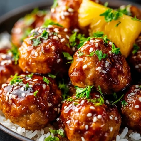 Un plato con albóndigas, piña y salsa teriyaki.