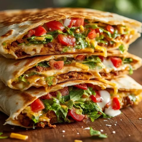 Unos wraps crujientes apilados, rellenos de carne y queso.