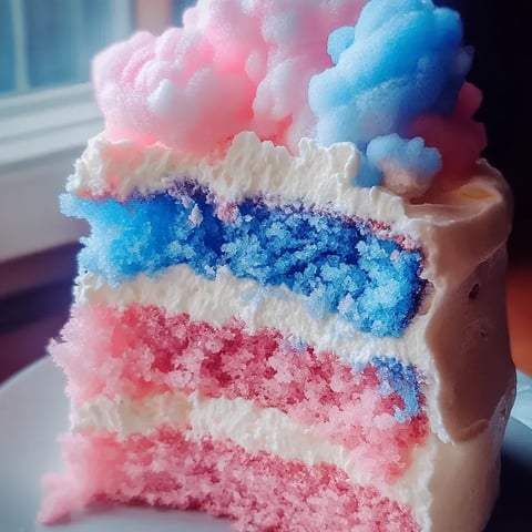 Una porción de torta con sabores a algodón dulce.