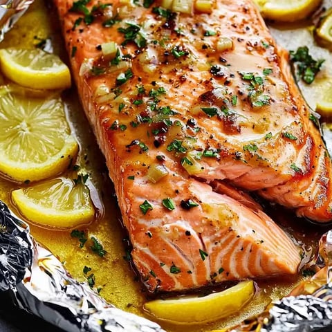 Un trozo de salmon con rodajas de limon encima.