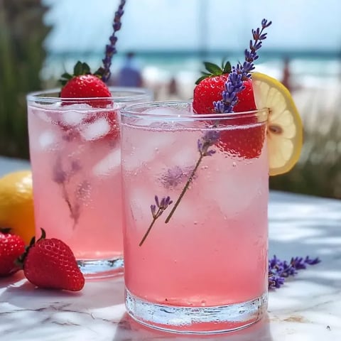 Dos vasos de limonada rosa con lavanda.