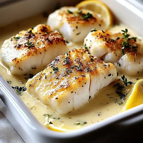 Un plato de bacalao al horno con crema de coco y limón.