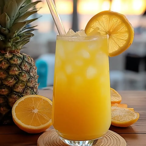 Un vaso de limonada de piña sobre una mesa.