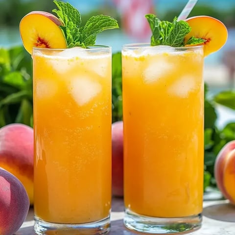 Dos vasos de limonada con durazno y hojas de menta fresca.
