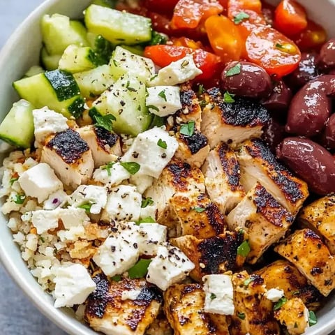 Un bowl con pollo, tomates, pepino y aceitunas.