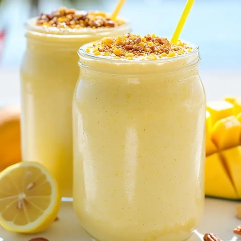 Dos vasos de smoothie tipo cheesecake de limón.