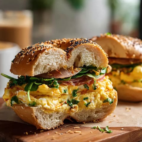 Un sándwich de huevo y tocino sobre una mesa de madera.