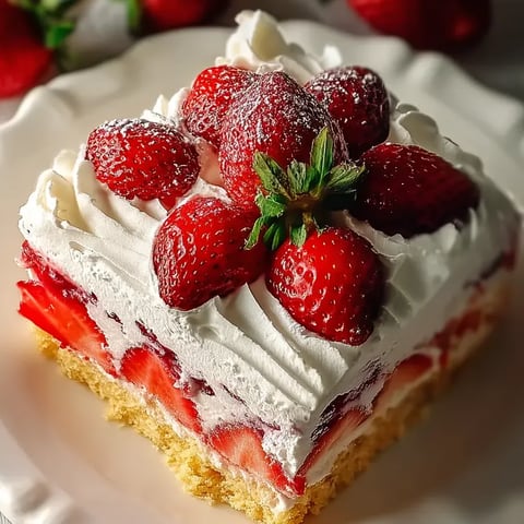 Porción de pastel de fresa con nata en un plato.