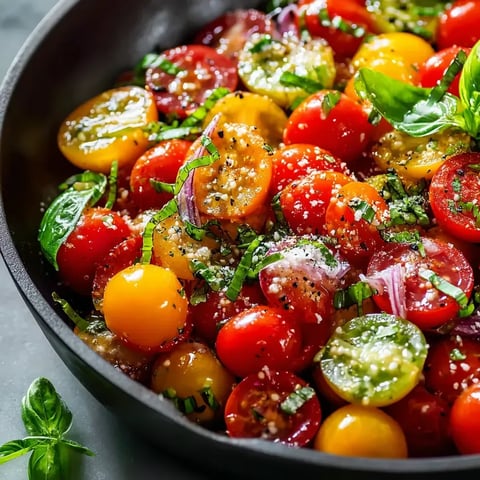 Un bowl con tomates, cebolla y albahaca.