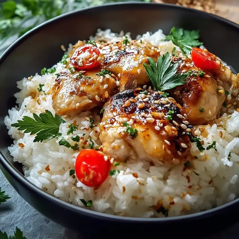 Un plato con arroz, pollo y tomates.