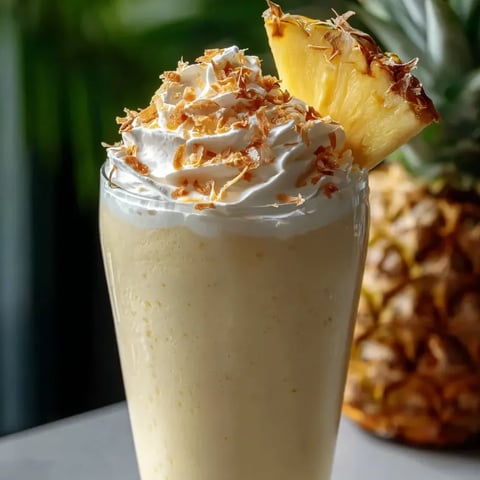 Un vaso de batido de piña cubierto con una rodaja de piña.
