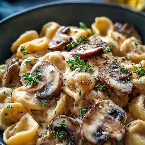 Un plato de pasta con champiñones y hierbas.