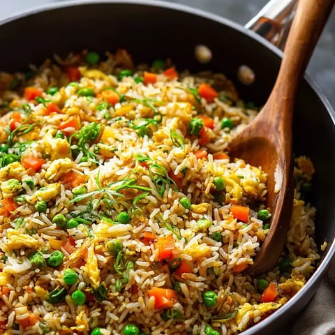 Sartén con arroz, arvejas y zanahoria.