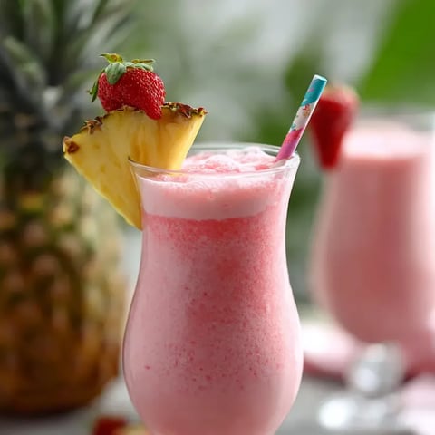 Vaso con bebida rosada y un trozo de piña encima.