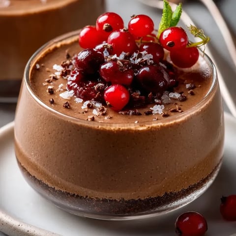 Un postre de chocolate con frutos rojos por encima.