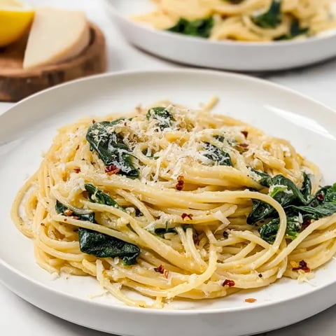 Un plato de pasta con espinaca y queso.