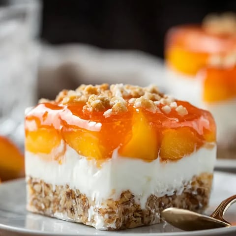 Un trozo de pastel de melocotón con una cuchara al lado.