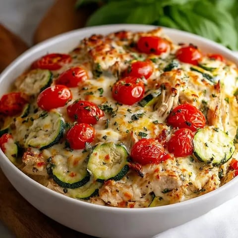 Un bol con comida, tomates y calabacín.