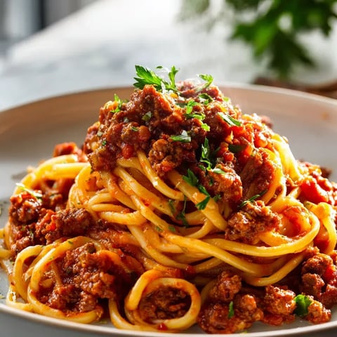 Un plato de espagueti bañado en salsa de carne.