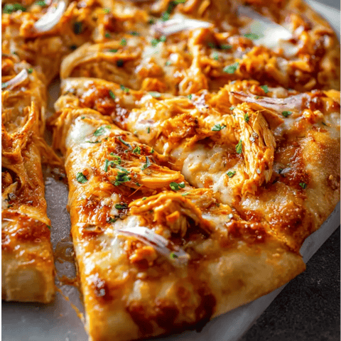 Un trozo de pizza con pollo y cebolla.