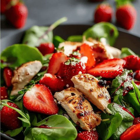 Un bowl con fresas y pollo encima de hojas verdes.