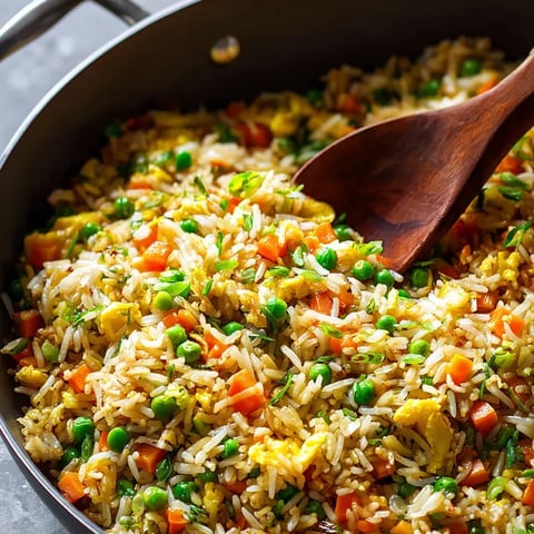 Una cuchara de madera en una sartén con arroz y verduras.