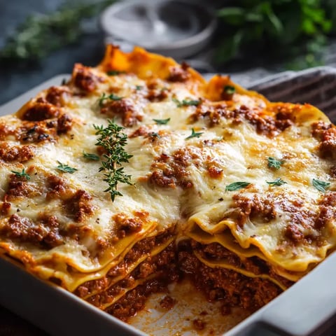 Un plato de lasaña con queso derretido y carne.