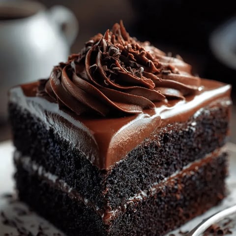 Porción de pastel de chocolate con cobertura de chocolate.