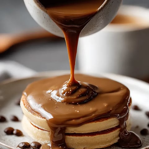 Sirope de chocolate chorreando sobre un panqueque.