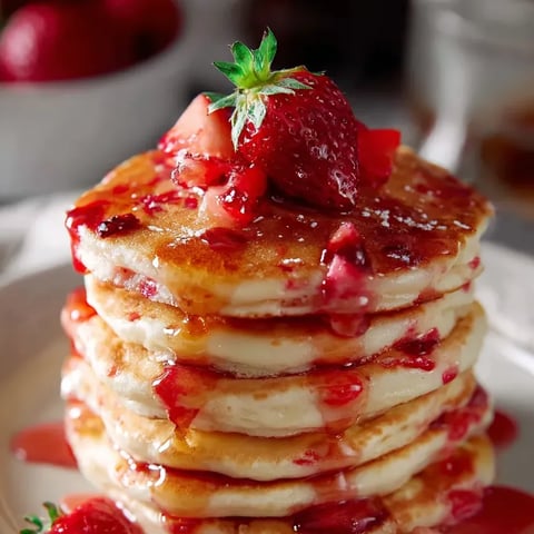 Una torre de pancakes con fresas arriba.