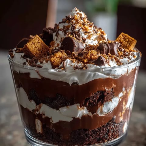 Un postre de chocolate con crema blanca y chips de chocolate.