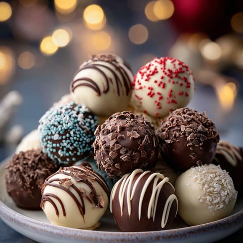 Un plato con bolitas de chocolate y blancas.