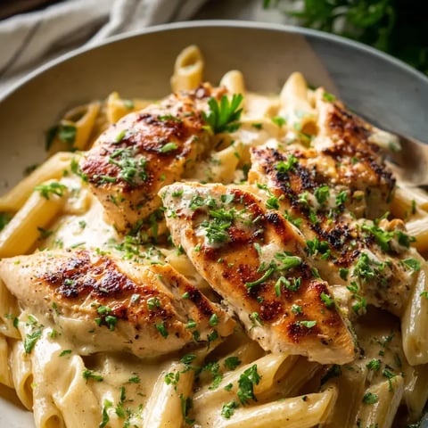 Un plato con pollo y pasta.