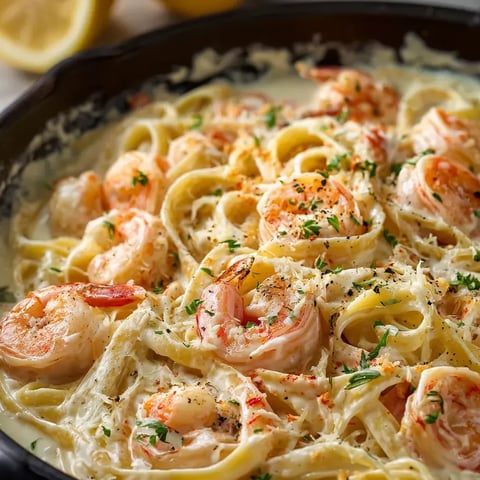Un plato de pasta con camarones y queso.