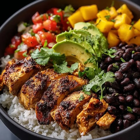 Un bol con arroz, frijoles, pollo y aguacate.