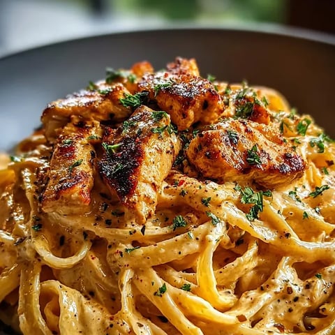 Un plato de pasta con pollo y hierbas.
