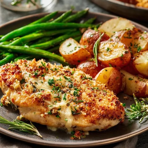 Un plato con pollo, papas y ejotes verdes.